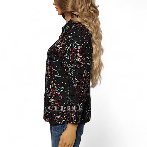 Silk Land Vintage Sequin Floral Blazer Jacket Black Multicolor Silk Size M Retro - Picture 4 of 10